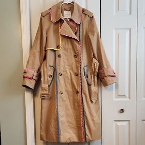 Avec Les Filles Tan Trench Coat with Colorful Lace Trim Size M
